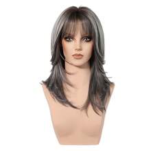 Perruque Ruili Fashion pour femme avec frange, perruque mi-longue légèrement bouclée, coiffe complète en soie haute température - Gris - Voir 5