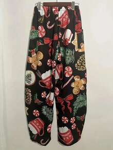 Christmas Pattern Print Straight Pocket Pants - Black - View 2