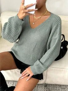 Maglione lavorato a maglia con scollo a V, tinta unita, design con tasche, stile casual e ampio, maniche lunghe, adatto per autunno/inverno