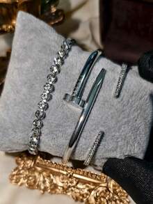 4pcs Luxury Stainless Steel Rhinestone Clover & Star Bangle Bracelet Set, Vintage Elegant Jewelry Suit For Women, Suitable For Daily Wear, Gift, Party, Fashionable Christmas Present - Gold - View 20