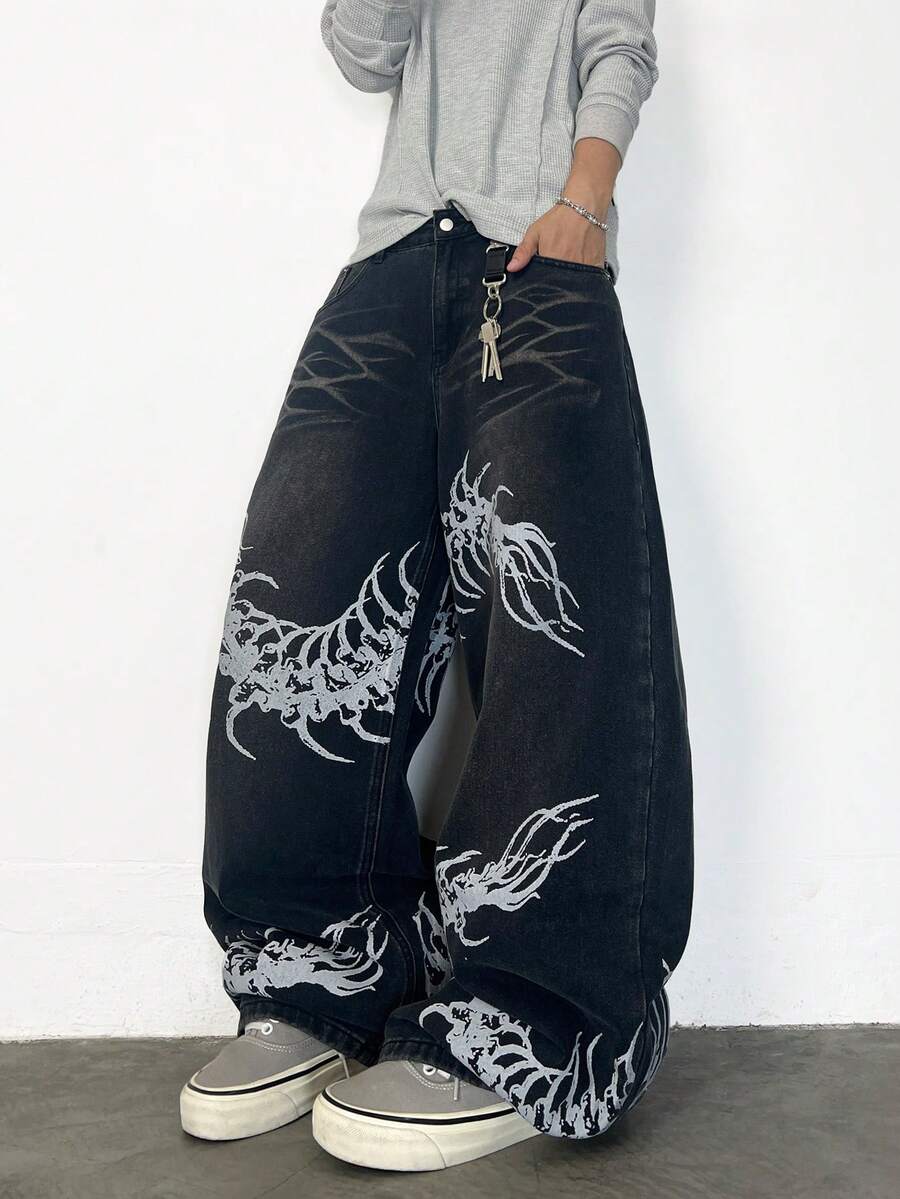 1pc Retro American Cat Whisker Print Men's Wide Leg Jeans, Casual Street Style Loose Fit Washed Denim Pants (Belt And Accessories Not Included)