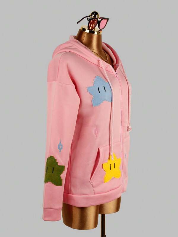 Aualy Fall Street Loose Hoodies Long Sleeve Print Drawstring Embroidery Street Y2K Zip Up Hoodie For Women