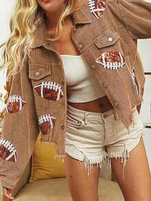 Women's Cropped Corduroy Jacket Football Sequin Patched Short Button Raw Hem Jacket Coat - màu nâu - Xem 3