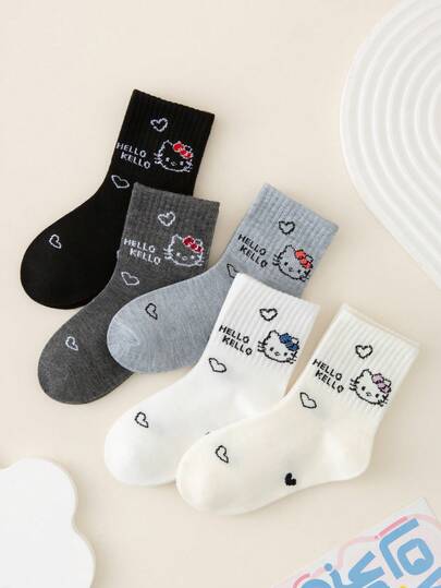 5 paires de chaussettes campus pour enfants/filles, noires/blanches/grises avec nœud mignon, décor motif chaton/cœur, mode, doux, respirant, anti-humidité, mi-mollet, convient pour le port quotidien, les vacances, les voyages, la rentrée scolaire, le campus, les sports, la classe, la nouvelle session, les étudiants, la saison de la rentrée scolaire
