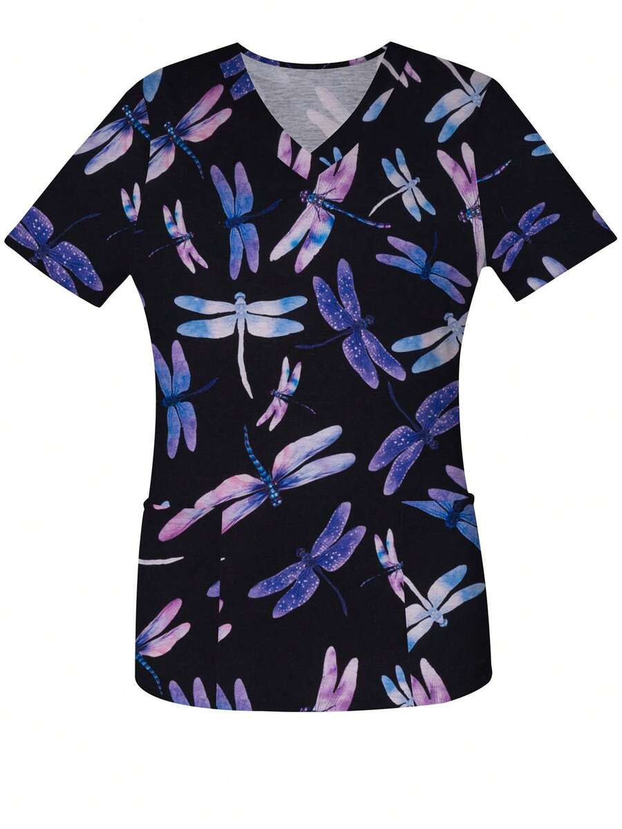 Women's Dragonfly Fun Print Spring & Summer VNeck Fall Scrub Short Sleeve Nurse Uniform Tops With Pockets For Women - Black - View 1