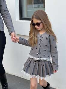 2pcs/Set Toddler Girls' Fashion Casual Cute Pearl Button Collar Lace Trim Blouse + Lace Trim Pleated Skirt - Grey - View 1