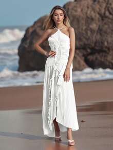 Women's Ruffle Halter Dress Sleeveless Solid Color Long Flowy Dress Summer A-Line Dress - Ngà voi - Xem 6