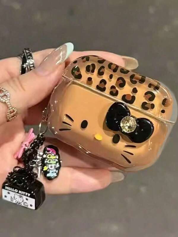 Sanrio 1pc Cute Brown Leopard Print Bow Kitty Earphone Case, Compatible With AIR PODS 1/2/3/4/Pro/Pro2(Nd)