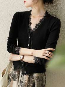 Romantic Lace Patchwork Slim Fit Women Knit Cardigan, Elegant Fitted Black Open Front Layering Sweater - Black - View 3