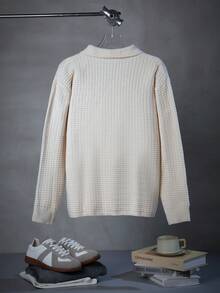 Men's Casual Loose Simple Elegant Korean Style Versatile Commuting Solid Color Jacquard Polo Collar Button Front Cardigan Knit Sweater Jacket, Autumn/Winter