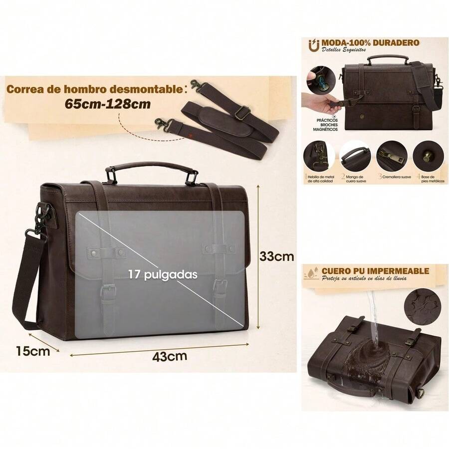 Portafolio para Hombre de 17 Pulgadas - Maletín Impermeable de Cuero y Cuero Sintético, Vintage, con Bandolera Ajustable, Antirrobo y Compartimento para Laptop - Nuev Café - Ver 1