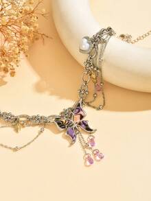 1pc Y2K Chinese Punk Subculture Charm Butterfly & Heart Pendant Necklace, Thick Chain Layered Design, Suitable For Women's Party, Music Festival, Daily Wear, Gathering - Multicolor - View 3