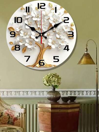PC 10In 12In Elegante Silent Wand Klok Wit Bloemen Goud Tree Wood Veneer Perfect Living Room, Bedroom, Kitchen, Office Or Birthday Home Room view 4