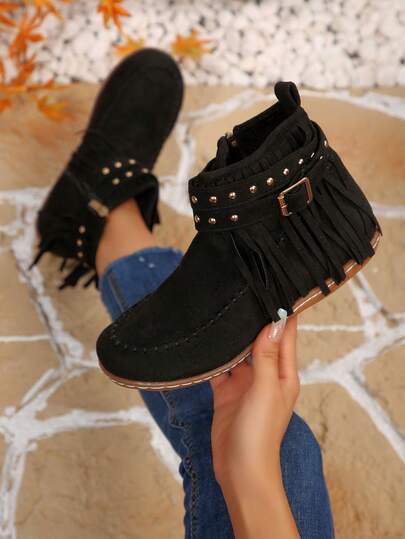 秋冬女士踝靴，西部风格时尚流苏铆钉装饰，舒适平底套穿长靴，适合各种节日场合