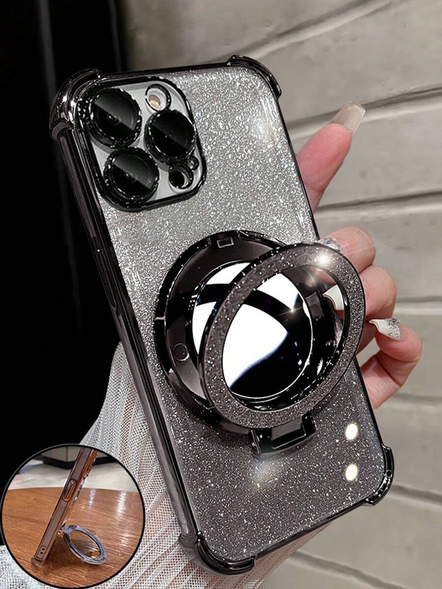 MewTrek 奢華電鍍手機殼，附環形磁吸支架與內置化妝鏡，水鑽閃亮 Y2K 風格，防震防摔，夏季新款時尚矽膠軟殼，適用 、Galaxy、Honor、MOTO，女款