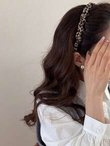 1 pieza Diadema ancha con estampado de leopardo, diadema tejida de unicolor, accesorio de moda para el cabello adecuado para el uso diario de las mujeres, aro para el cabello