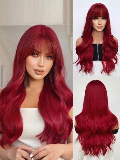 Red Wig With Bangs For Women Long Red Wavy Curly Wig Heat Resistant Synthetic Wig For Girls Daily Use Party Cosplay Wig 28inch