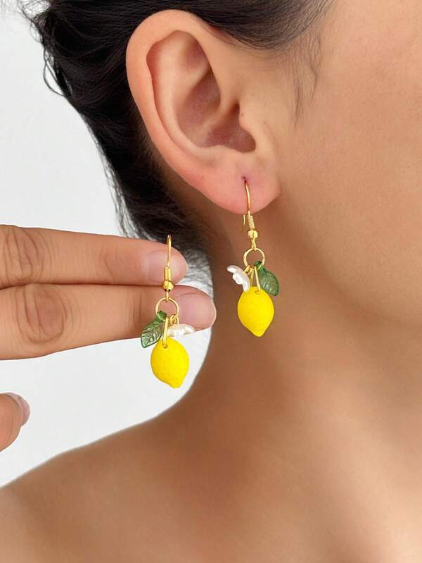 1 Pair Fashionable Sweet Fruit Yellow Lemon Flower Earrings, Creative Earring Hooks, Fresh Earrings Accessories