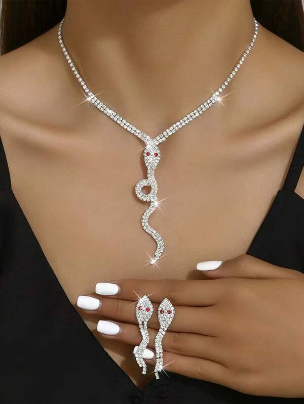 3pcs/Set Rhinestone Animal Snake Shaped Necklace & Earrings Jewelry Set For Women, Vintage Style