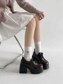 10cm Super High Heel Brown Thick Sole British Style Small Leather Shoes, Chunky Heel Mary Jane Loafers, Versatile Lace-Up Shoes For Commuting - Brown - View 4