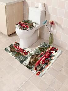 1 pièce/4 pièces Ensemble de rideaux de douche avec camion rouge vintage et sapin de Noël, rideau de douche imprimé avec 12 crochets, tapis de bain antidérapant, tapis en U et housse de siège de toilette ronde, ensemble de salle de bain pour toutes les occasions