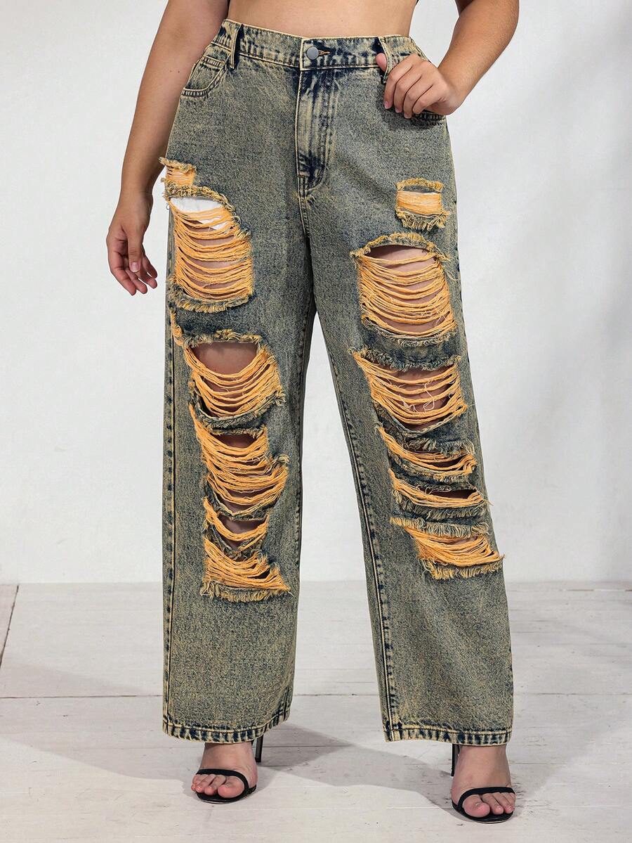 Women's Plus Size Ripped Jeans, Street Style - Grey - View 1