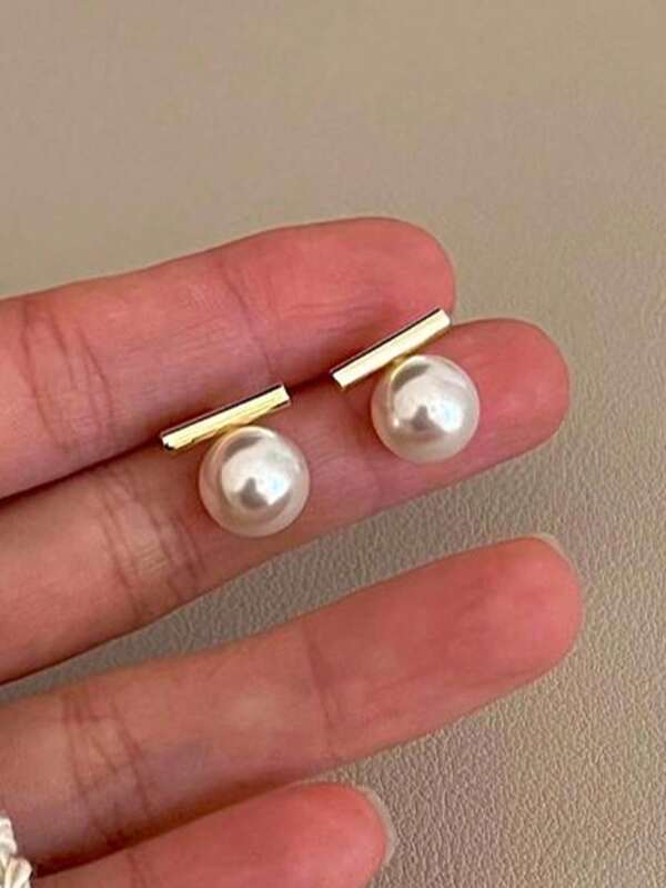 2 Pieces Of Sterling 925 Silver Exquisite Elegant Geometric Line Faux Pearl Ear Studs Earrings For Women Daily Wearing Friendship Party Jewelry Gift