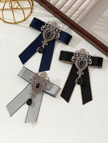 1枚优雅设计布艺蝴蝶结手工宫廷合金闪亮全钻胸针，高贵女士胸针，奢华珠宝胸针，适合约会和日常佩戴 - 復古 - 查看 5