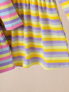 Toddler & Baby Girls' 2-Piece Dress Set: Rainbow Striped Floral Dresses With Ruffled Sleeves - For Autumn & Winter Outer Wear - Multicolor - View 6