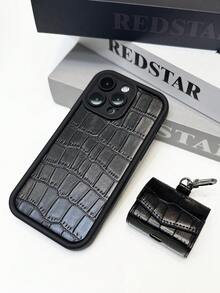 Crocodile Pattern Black Luxury Stone Texture Phone Case + Stone Texture Earphone Case Compatible With Apple X, XR, 11, 12, 13, 14, 15, 16 Pro Max, 17, Air, 17 Pro, 17 Pro Max, Pro, 4