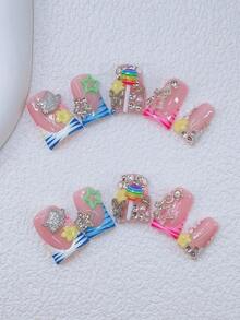 10pcs Handmade Y2K Nails Chic Duckbill Press On Nails Set - Handcrafted, Pink Nails, Blue And White French Tip Nails, Hand Drawn Blue And Pink Zebra Stripe, Exquisite Lovely Nails, Decorated With Silver Butterfly, Kitten, Rhinestones, Lollipop, Star, White Pearl, Yellow And Pink Little Flower Elements Design