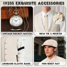 1920s Mens Costume, Roaring 20s Costumes Men, 1920S Mens Outfit Accessories With Vest Hat Pocket Watch Tie Armband - 中號+米色 - 查看 4
