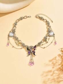 1pc Y2K Chinese Punk Subculture Charm Butterfly & Heart Pendant Necklace, Thick Chain Layered Design, Suitable For Women's Party, Music Festival, Daily Wear, Gathering - Multicolor - View 2