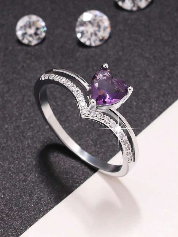 1pc High-Quality Romantic Heart-Shaped Cubic Zirconia Eternity Ring, Women's Luxurious Decorative Jewelry, Gift For Girlfriend, Proposal, Engagement, Wedding, Anniversary, Birthday, Holiday