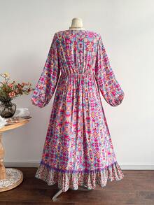 Rusttydustty 大码女式波西米亚风茶会度假印花长袖连衣裙，多色V领层叠下摆飘逸连衣裙，春季优雅 - 紫色 - 查看 6