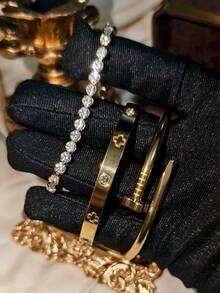 4pcs Luxury Stainless Steel Rhinestone Clover & Star Bangle Bracelet Set, Vintage Elegant Jewelry Suit For Women, Suitable For Daily Wear, Gift, Party, Fashionable Christmas Present - Gold - View 21