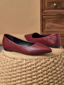 MonaNise 女士尖头时尚低帮平底鞋，户外休闲装，秋季，紫色，香槟色高端，红色百搭，黄色，黑色舒适一脚蹬鞋 - 酒紅色 - 查看 4