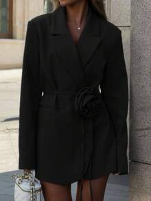 Sacou damă cu imprimeu floral 3D în culori uni, cu buzunar dublu, ținută de birou și casual, toamnă/primăvară - Negru - Vizualizare 1