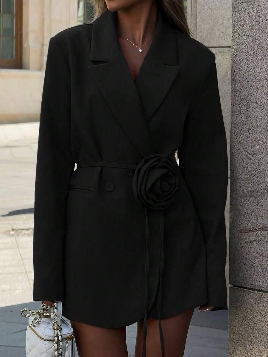 Sacou damă cu imprimeu floral 3D în culori uni, cu buzunar dublu, ținută de birou și casual, toamnă/primăvară - Negru - Vizualizare 1