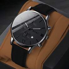 1 reloj de hombre, con función de calendario, esfera redonda de moda con movimiento de cuarzo, correa de PU, adecuado para uso diario, regalo de cumpleaños, fiesta, reunión festiva, regalo ideal para ti o tus amigos. No incluye caja de embalaje. - Negro - Ver 9
