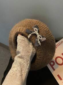 1pc Women's Bow Beret Hat, Casual Warm Knitted Fuzzy Painter Beret Cap, Large Circumference, Versatile, Suitable For Outdoor, Dating, Gathering, Daily Use, Autumn/Winter Autumn Accessories