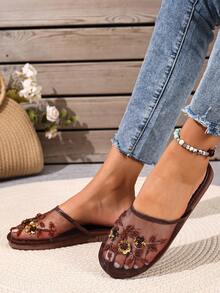 2025 New Handmade Beaded Fine Mesh Slip-On Slippers, Suitable For Indoor And Outdoor Wear - Brown - View 3