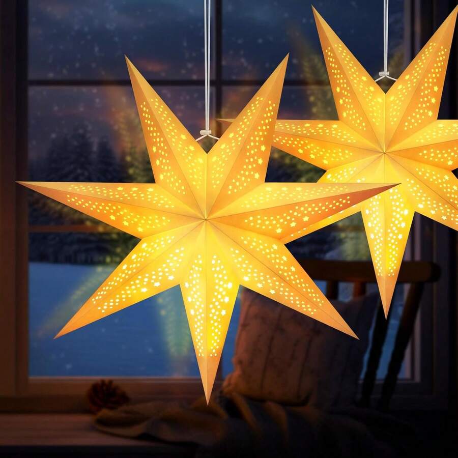 1 pièce Lustre étoile en papier, lustre étoile de Noël 60 cm, lumière de Noël 3D pour fenêtre de Noël, décoration de Noël pour fenêtre de Noël à l'intérieur et à l'extérieur, blanc