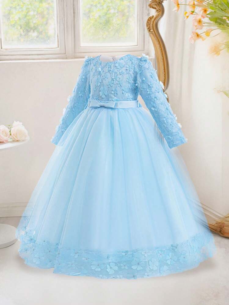 Vestido elegante de niña para fiesta formal, cumpleaños, con cuello redondo, manga larga, encaje, malla 3D con flores y moño, excluye diadema - Celeste - Añade 3