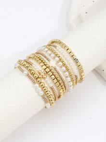 10pcs Handmade Beaded Faux Pearl Bracelet Set, CCB Round Beads & Cross Elastic Bracelets For Women