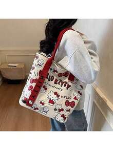 Sanrio Hello Kitty Bag Women's Large Capacity Tote Bag Travel Shoulder Handbag,Sanrio Hello Kitty Canvas Handbag, Cute KT Tote Shoulder Bag, Cartoon Versatile Tote Bag, Large Capacity Commuter Bag, Suitable For Travel, Back To School, Commuting