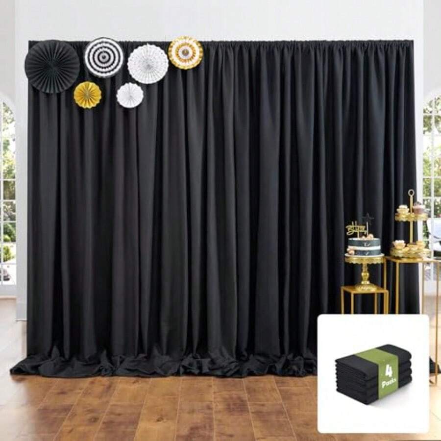20x10FT Black Backdrop Curtains For Party 4 Panels 5x10FT Thick Polyester Backdrop Drapes Wrinkle Resistant Photography Background Drapes For Wedding Birthday Home Decoration - 黑色 - 查看 1