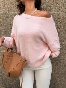 女士新款休闲纯色宽松露肩长袖毛衣，浪漫粉色，超大针织上衣