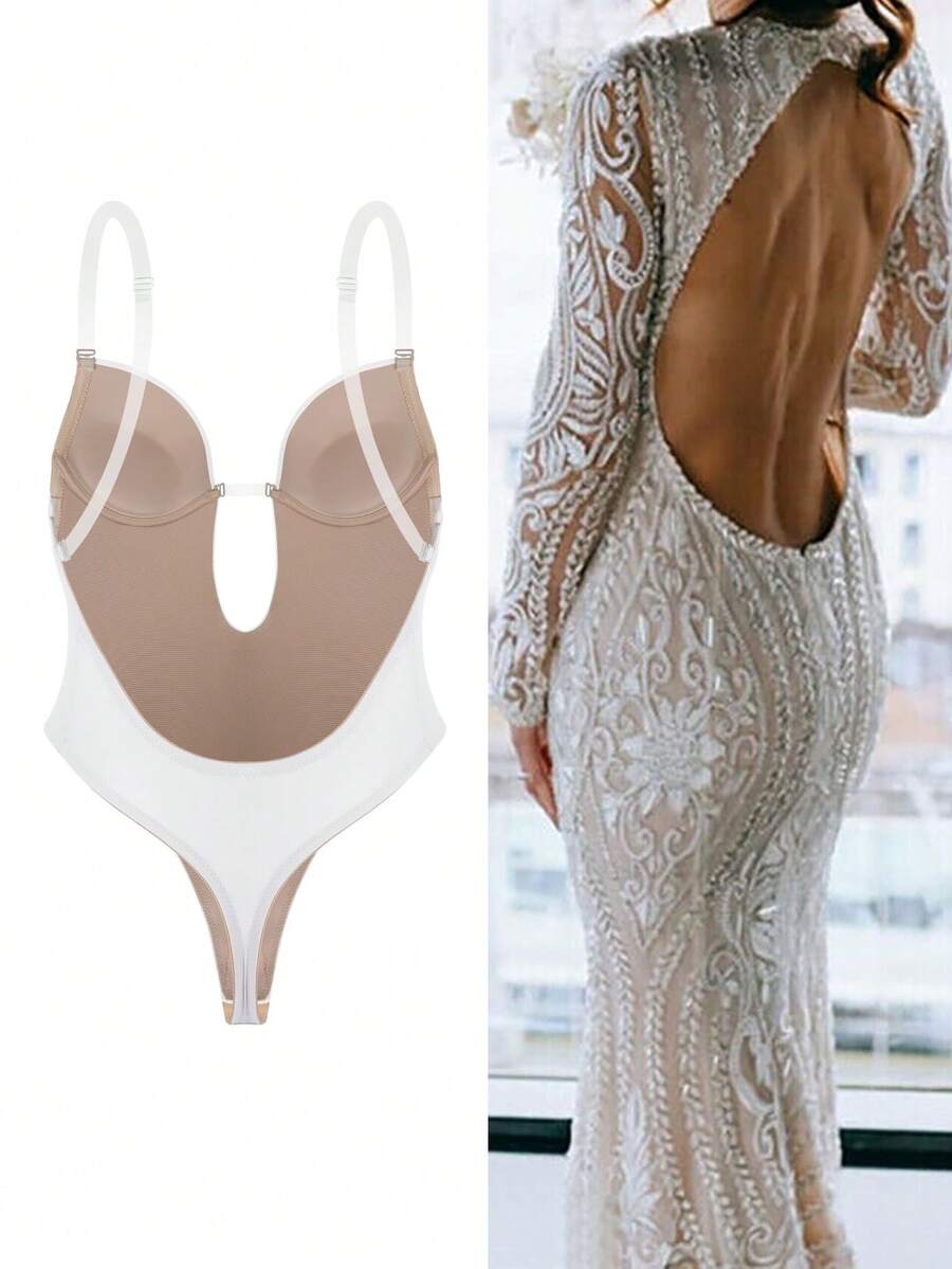 Backless Shapewear For Women Invisible Bras U Plunge Thong Bodysuit Sexy Deep V Push Up Bra Under Wedding Dress Underwear Tummy Control Slimming Body Shaper Built In Bra Low Back Adjustable Straps Fajas Colombianas Corset - 白色 - 查看 1