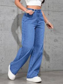 Pantalones vaqueros anchos sueltos y versátiles de mujer con diseño de bolsillos - Azul lavado oscuro - Ver 6